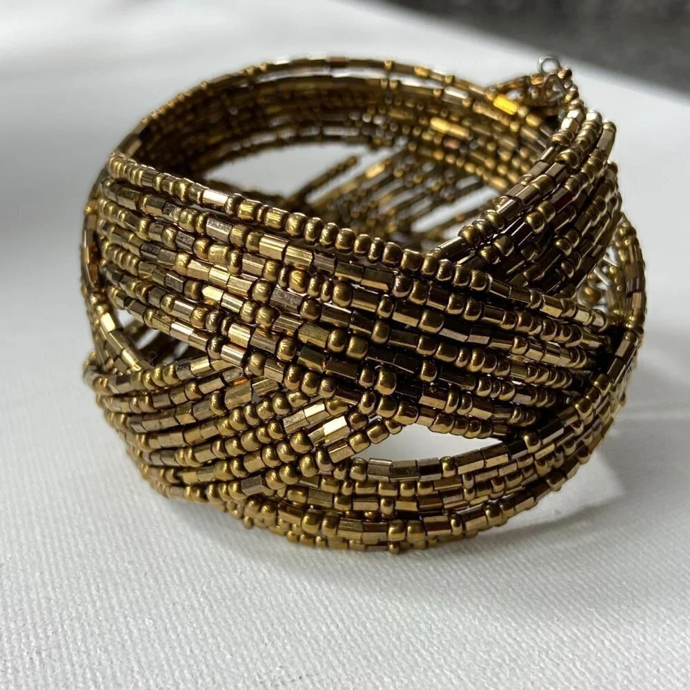 Chunky Gold Beaded Cuff Bracelet, Bohemian Vibe